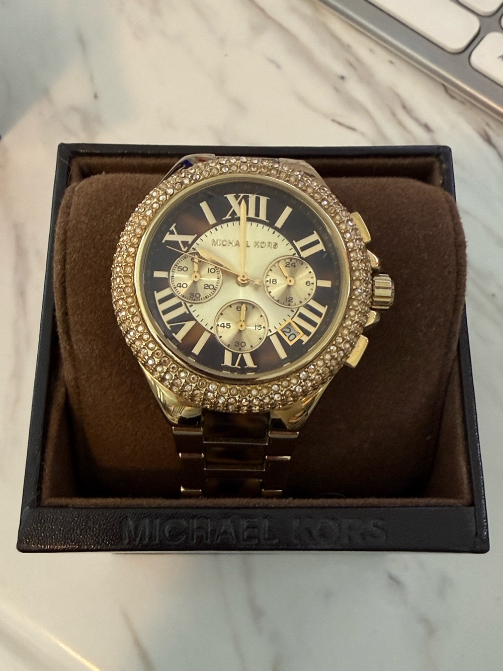 Michael Kors Gold-tone Chronograph Watch with Black Dial and Crystal Bezel